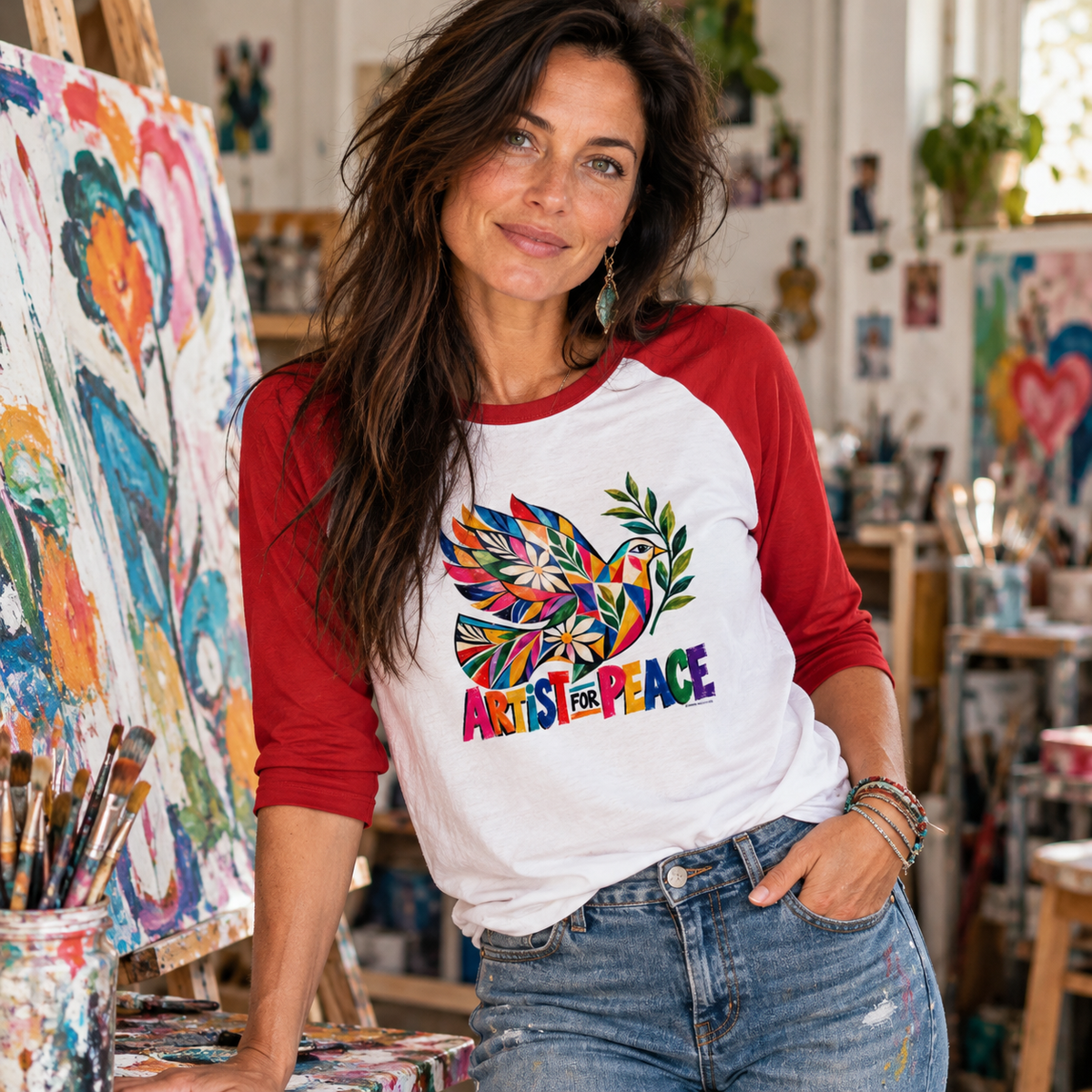 Artist for Peace | Colorful Peace Dove 3/4 Sleeve Raglan T-Shirt | Unisex Artist Tee