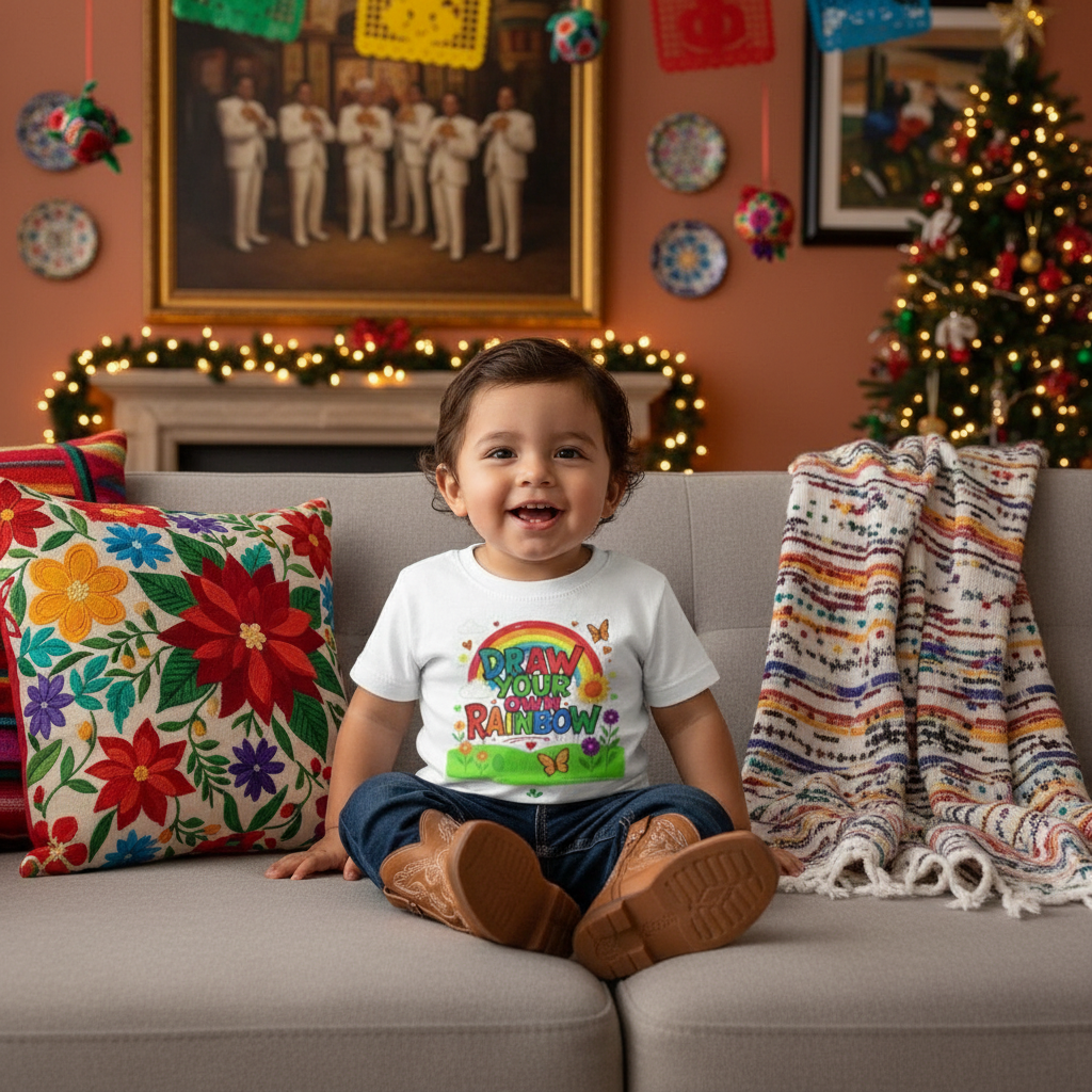 18-month-old Mexican boy wearing Draw Your Own Rainbow t-shirt with jeans and cowboy boots on festive holiday couch