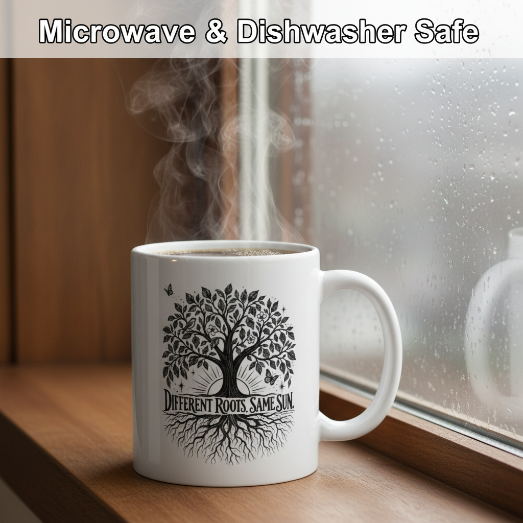 20 oz Different Roots, Same Sun mug with steaming coffee by a rainy window and Microwave & Dishwasher Safe headline
