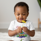 6-month-old baby girl wearing white Little Artist t-shirt holding flower