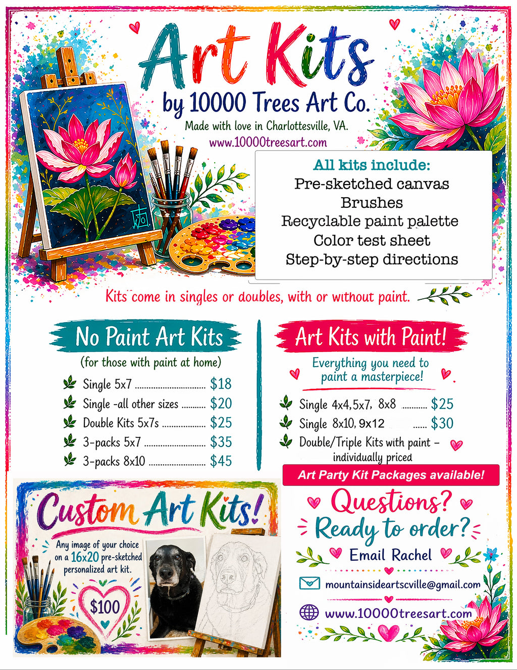 Promotional flyer for Art Kits by 10000 Trees Art Co. with colorful design and product information.