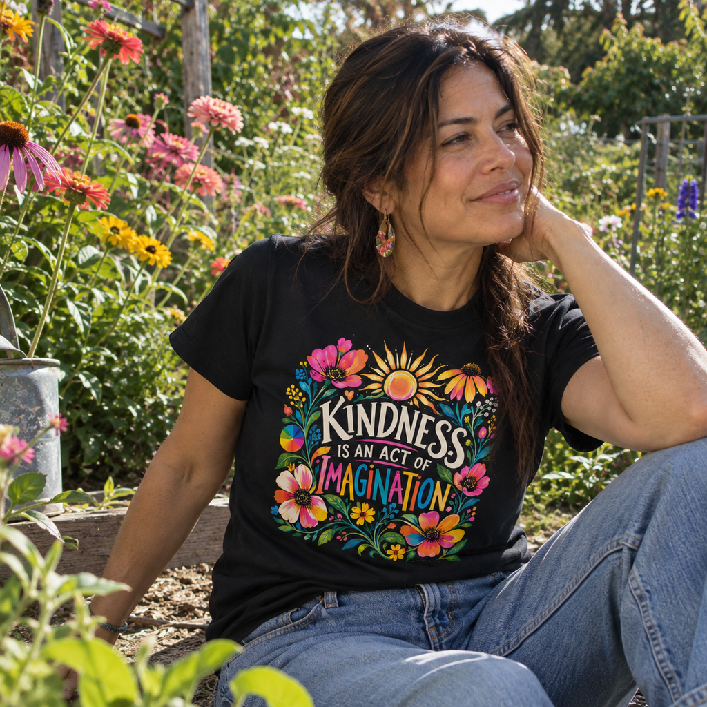 A woman sitting in a sunny garden wearing a black graphic t-shirt with a colorful floral design and the text 'KINDNESS IS AN ACT OF IMAGINATION'.