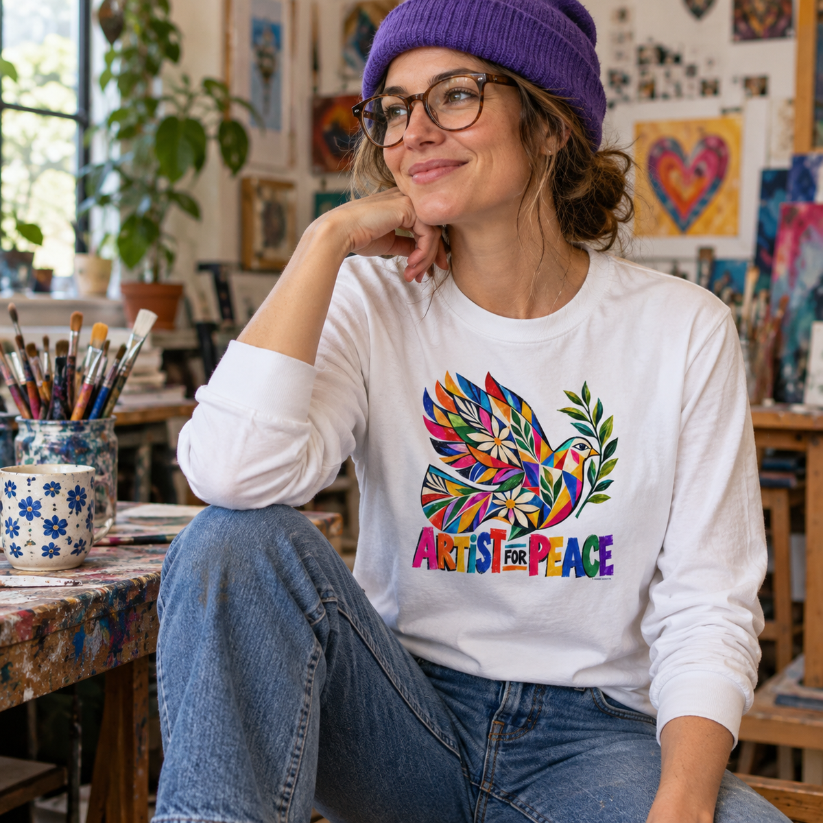 Artist for Peace | Colorful Peace Dove Heavyweight Long Sleeve T-Shirt | Unisex Artist Tee