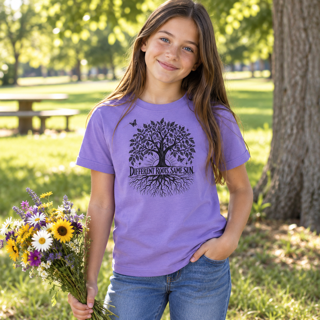 Different Roots, Same Sun  | Youth Kindness & Inclusion Unisex Heavyweight T-shirt