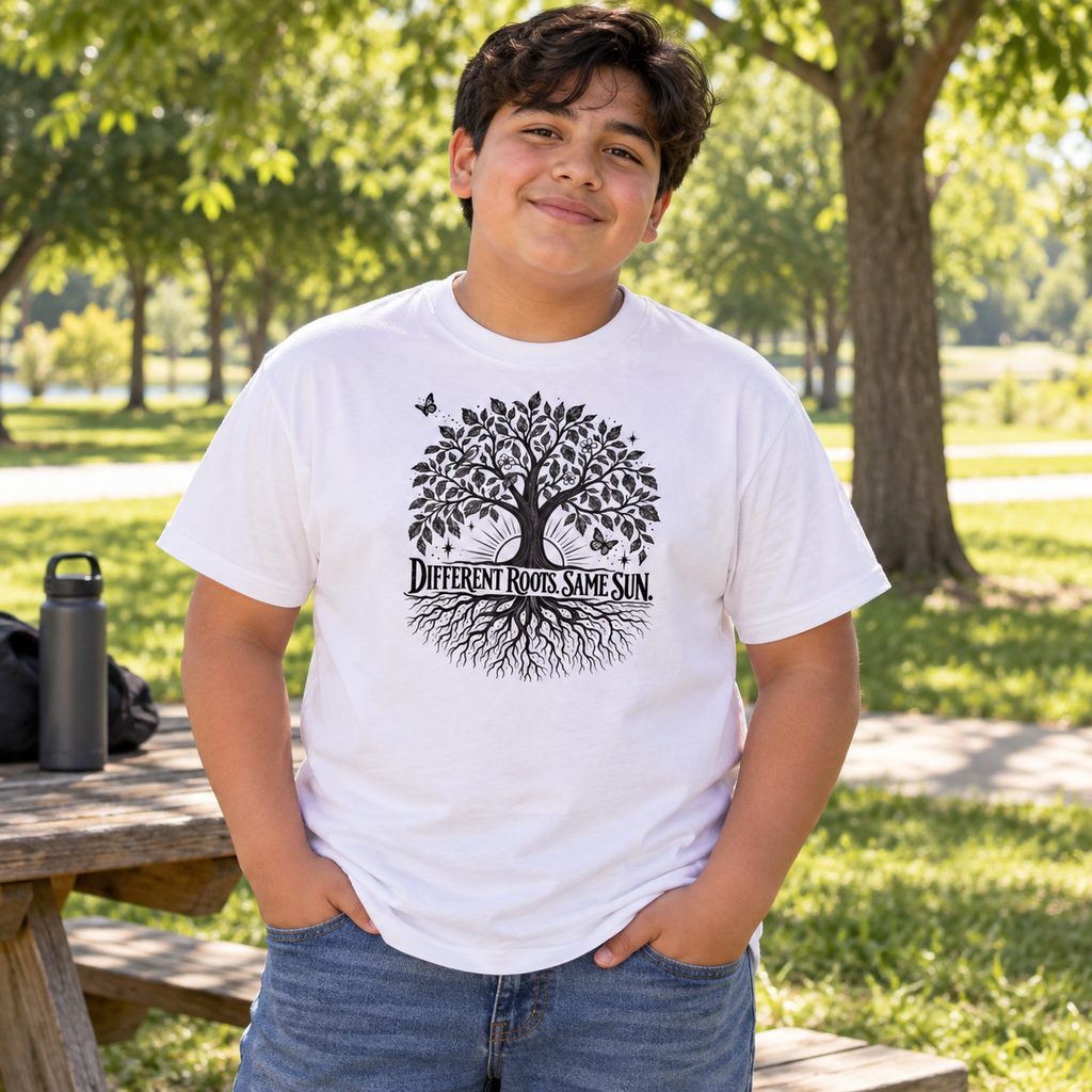 Different Roots, Same Sun  | Youth Kindness & Inclusion Unisex Heavyweight T-shirt