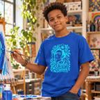 A young boy stands in a colorful art studio holding a paintbrush next to an easel with a blue heart painting. He is wearing a bright blue graphic t-shirt with a turquoise illustration and the words Oh Frida Give Me Courage