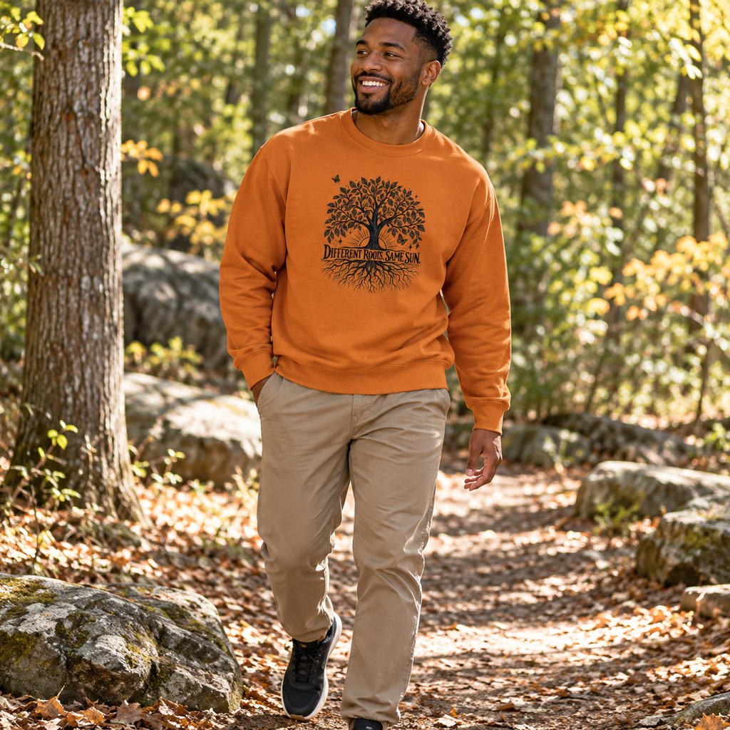 A man walking on an outdoor forest path wearing an orange crewneck sweatshirt with a black tree graphic and the words 'Different Roots, Same Sun" on the front, paired with khaki pants and black sneakers.