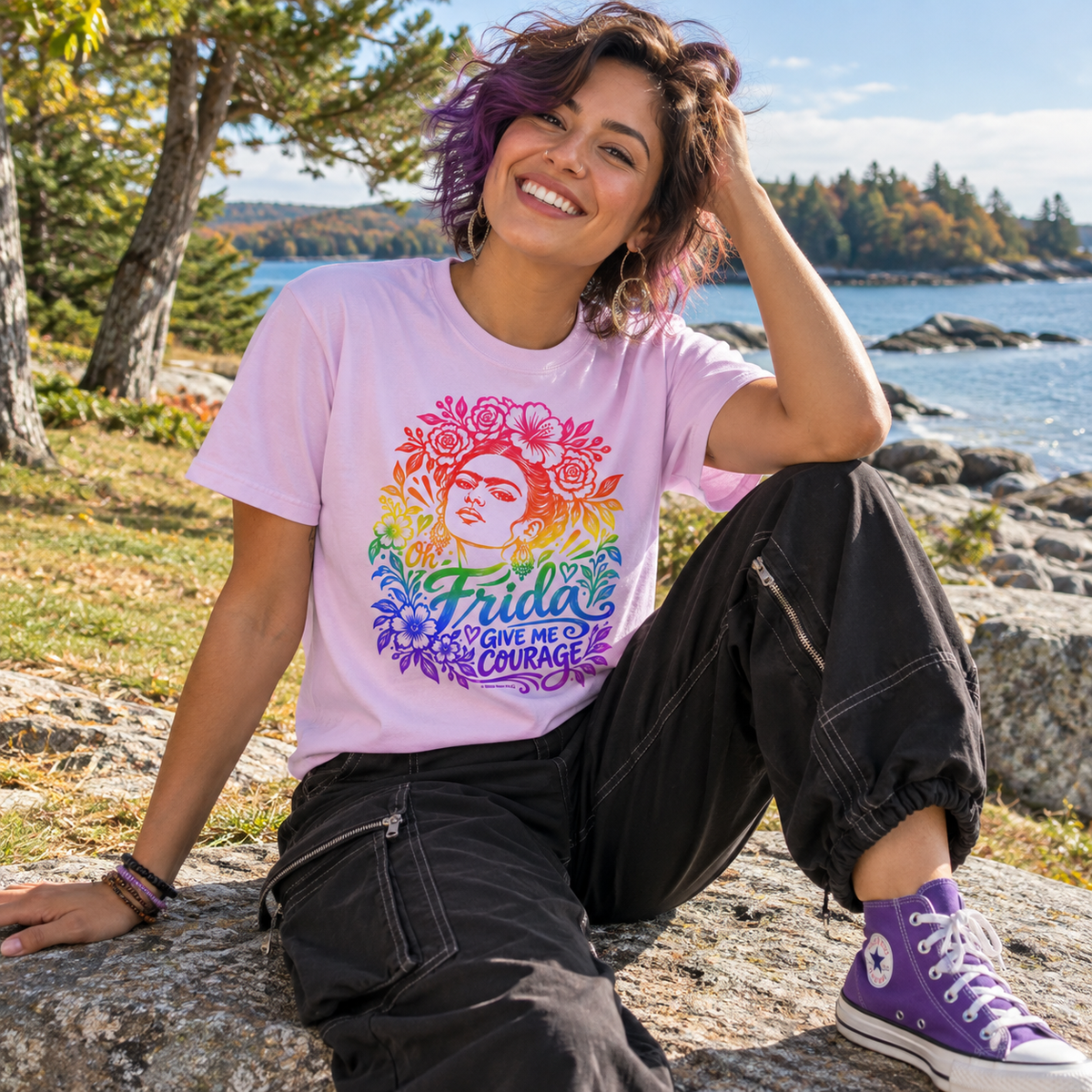 Oh Frida, Give Me Courage | Rainbow Adult Unisex Artist T-Shirt