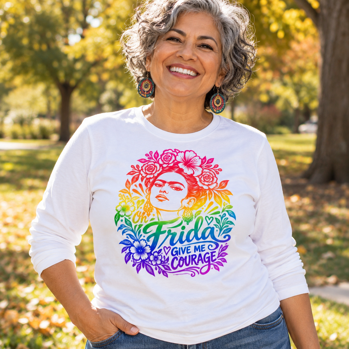 Frida Give Me Courage Long Sleeve Tee | Colorful Unisex Adult Art-Inspired Shirt