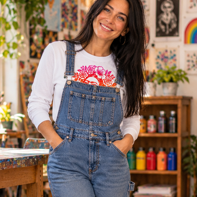 A woman stands in a bright, sunlit art studio wearing blue denim overall over a white long-sleeve T-shirt with a colorful floral graphic inspired by Frida Kahlo. The studio has wooden floors, colorful artwork on the walls, shelves with supplies, and plants throughout.