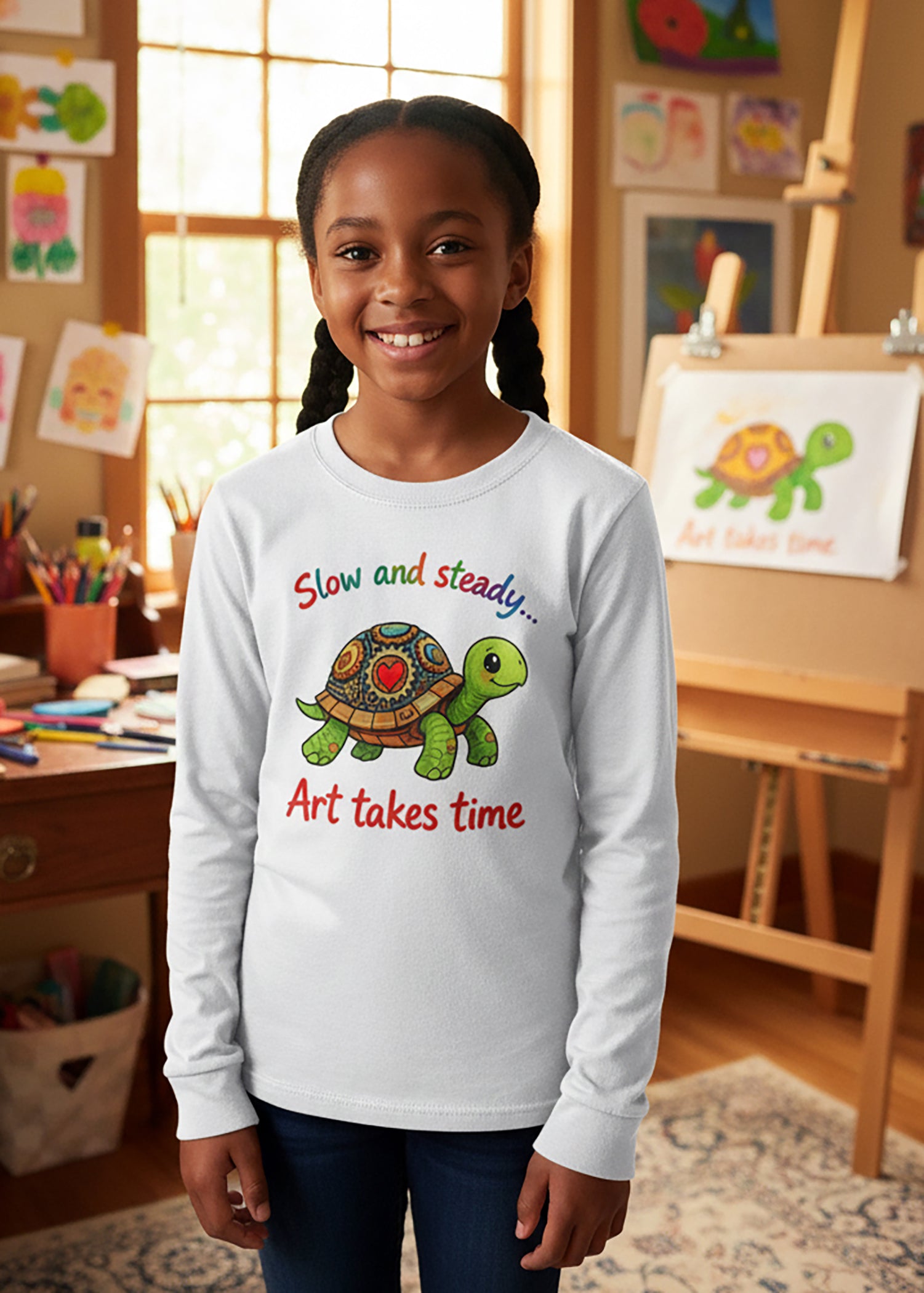 'Slow & Steady' Art Takes Time | Youth Long Sleeve Tee | Turtle Tee for Young Artists