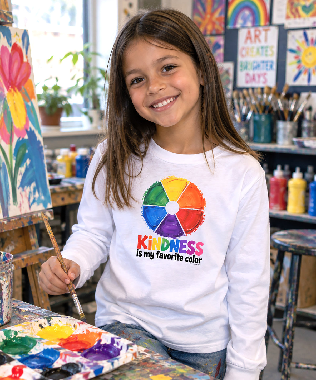 Kindness Is My Favorite Color Youth Long Sleeve Tee | Color Wheel Art Shirt for Kids
