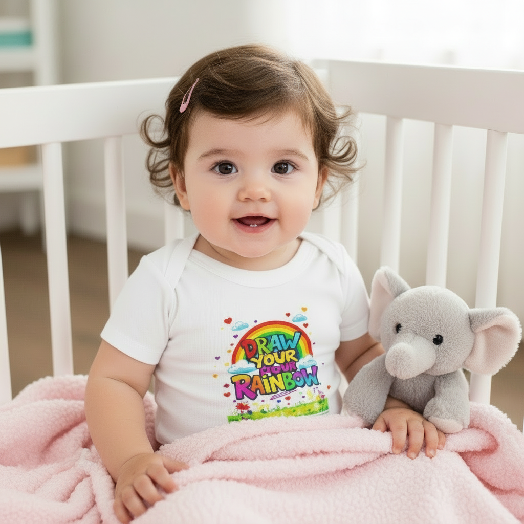 Adorable baby girl wearing Draw Your Own Rainbow onesie in crib