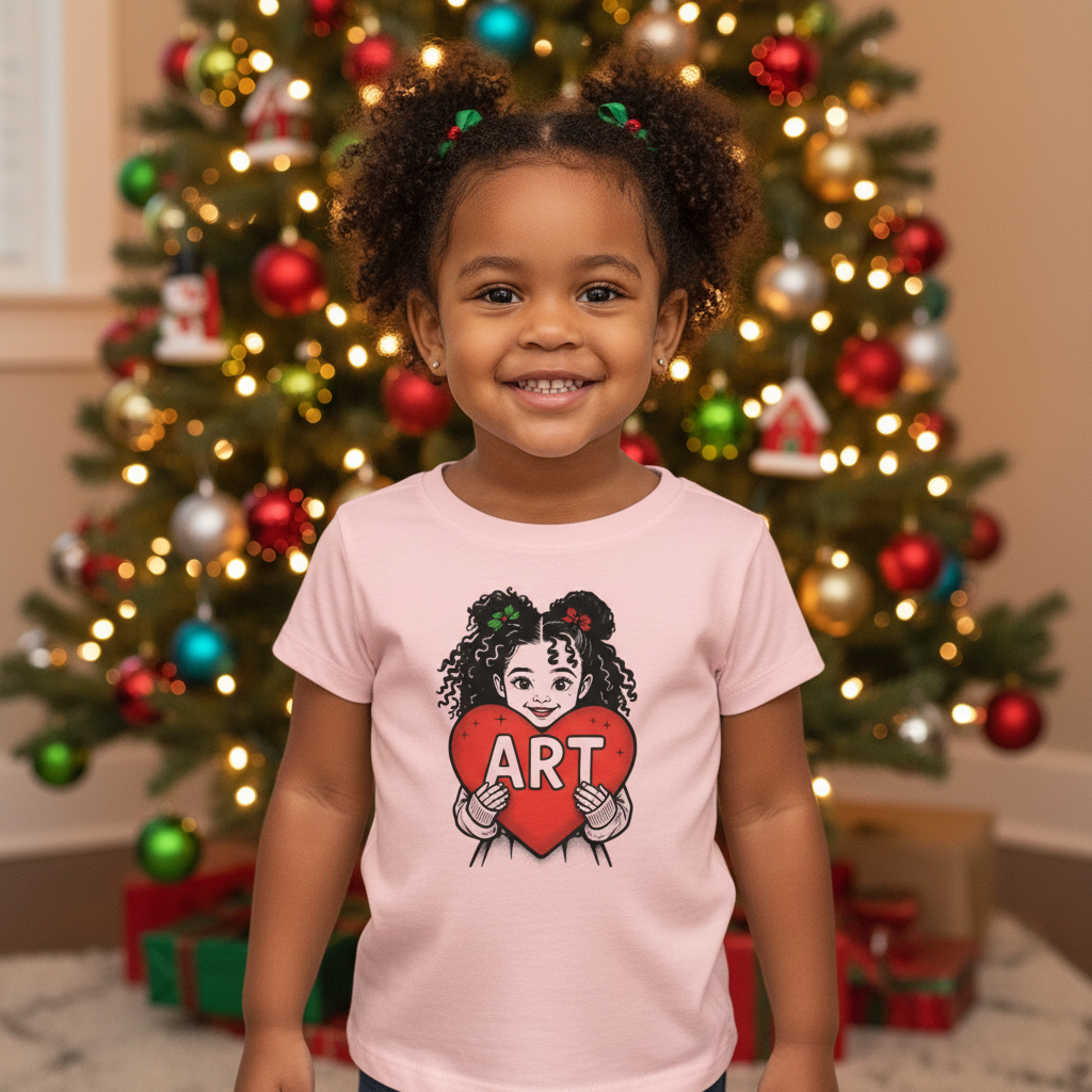Adorable little girl in Art Heart tee by Christmas tree