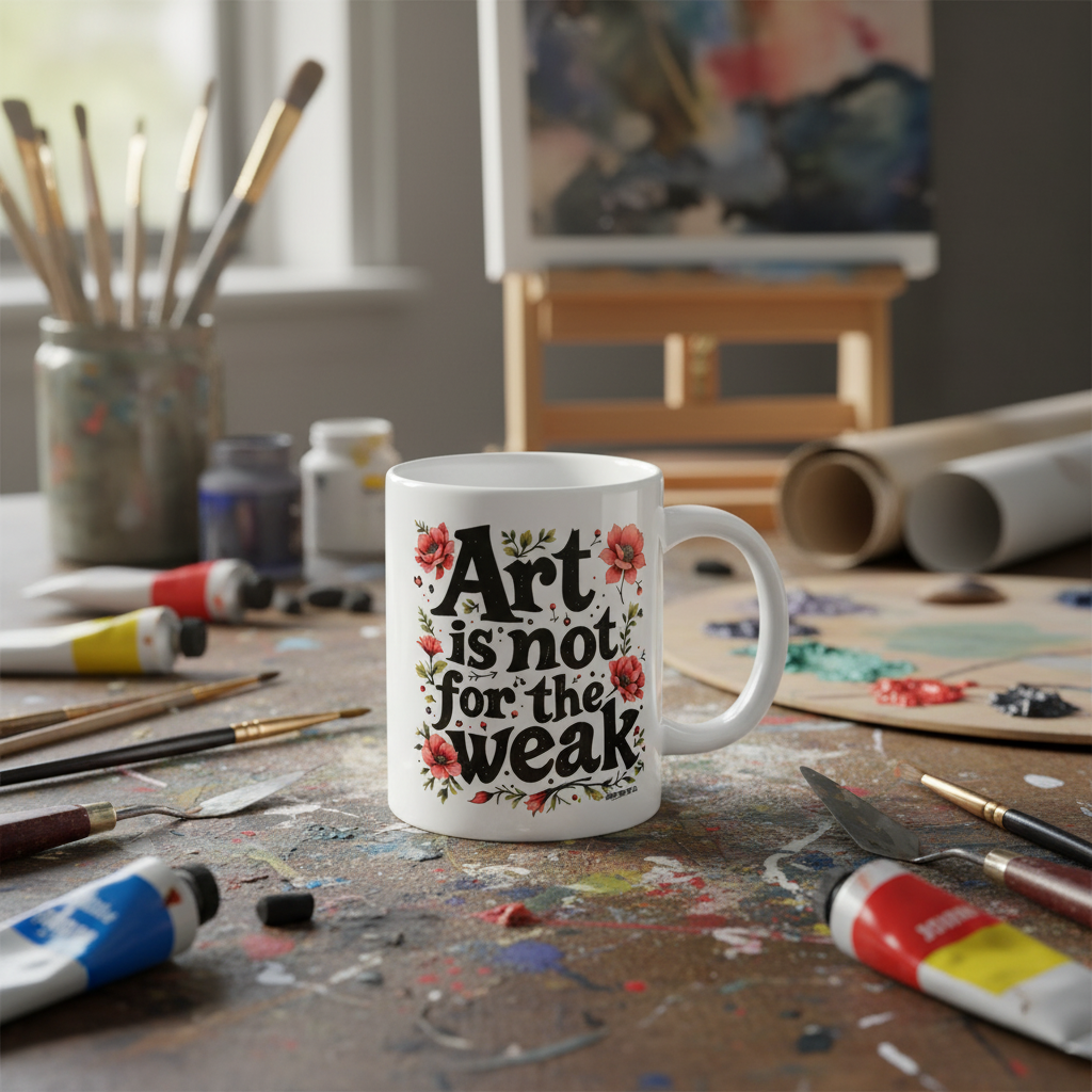 Art is Not for the Weak Mug on artist desk