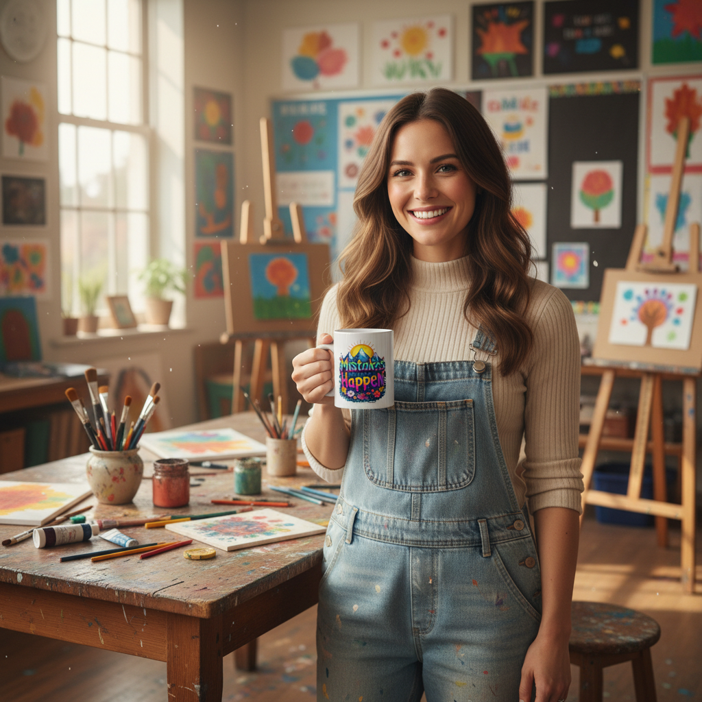 Art teacher holding Mistakes Happen mug