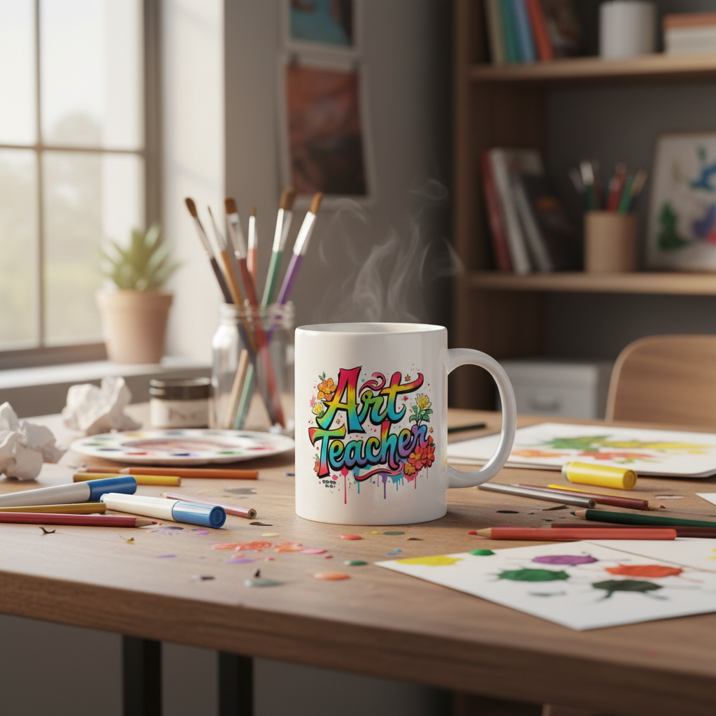 Art teacher mug on desk with colored pencils