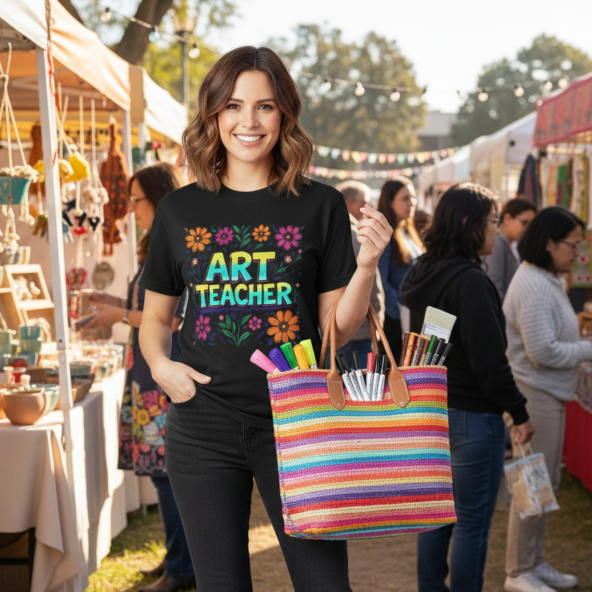 Art Teacher T-Shirt | Floral Black Heavyweight Garment-Dyed Tee | Unisex