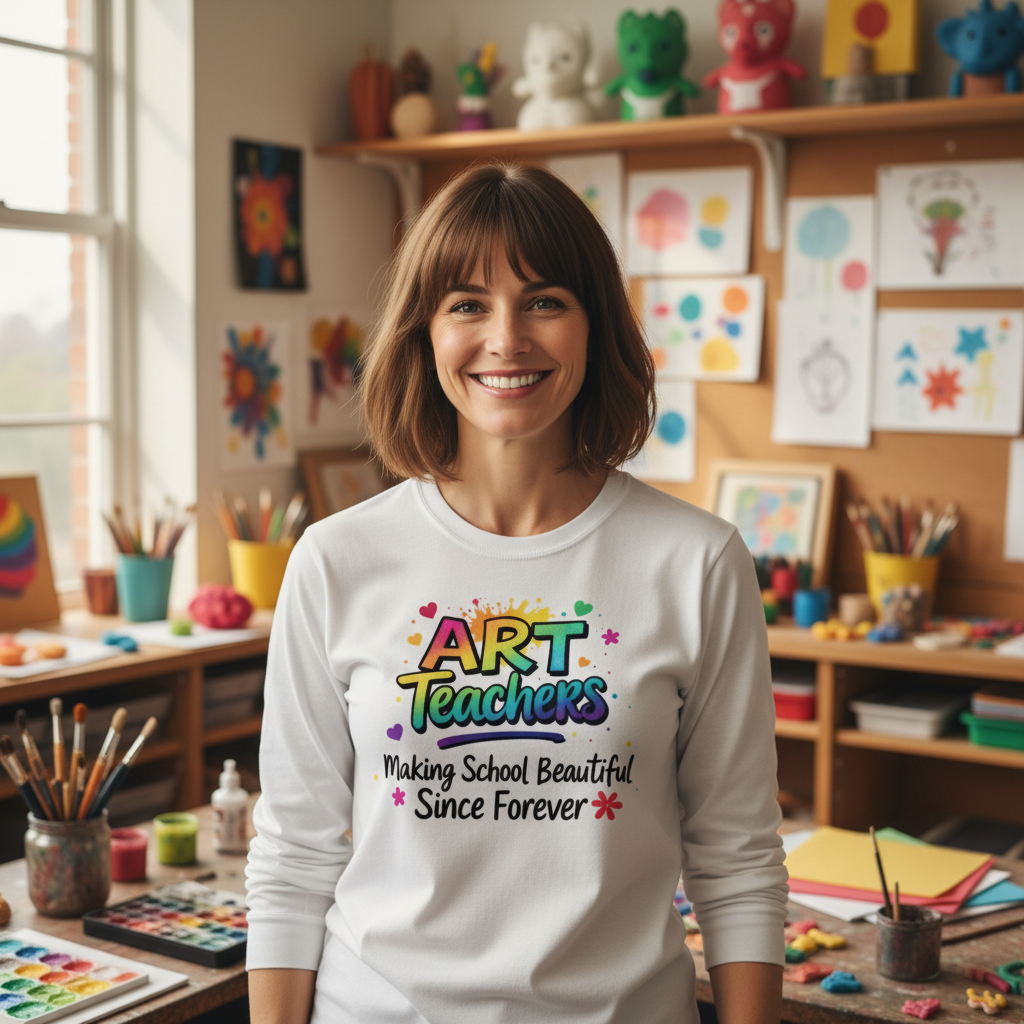 Art teacher wearing white long sleeve tee in classroom