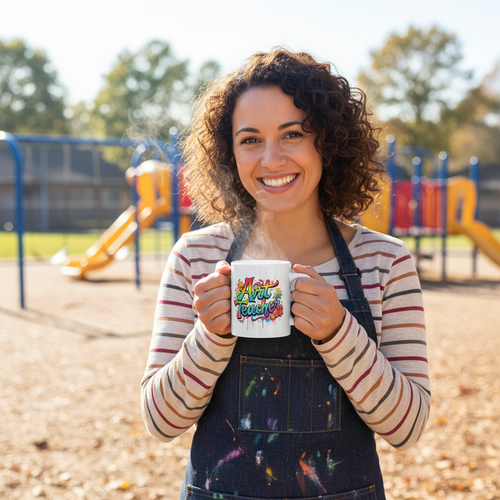 Art teacher with coffee mug on playground