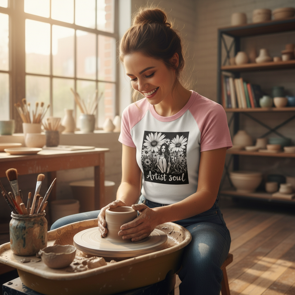 Artist at pottery wheel wearing Artist Soul baby tee