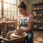 Artist at pottery wheel wearing Artist Soul baby tee