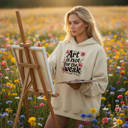 Artist painting in field wearing Bone hoodie