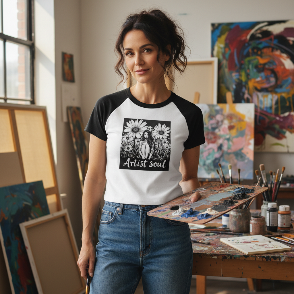 Artist Soul Women's Micro Rib Raglan Baby Tee Fashion Shot - Mid-Thirties Artist