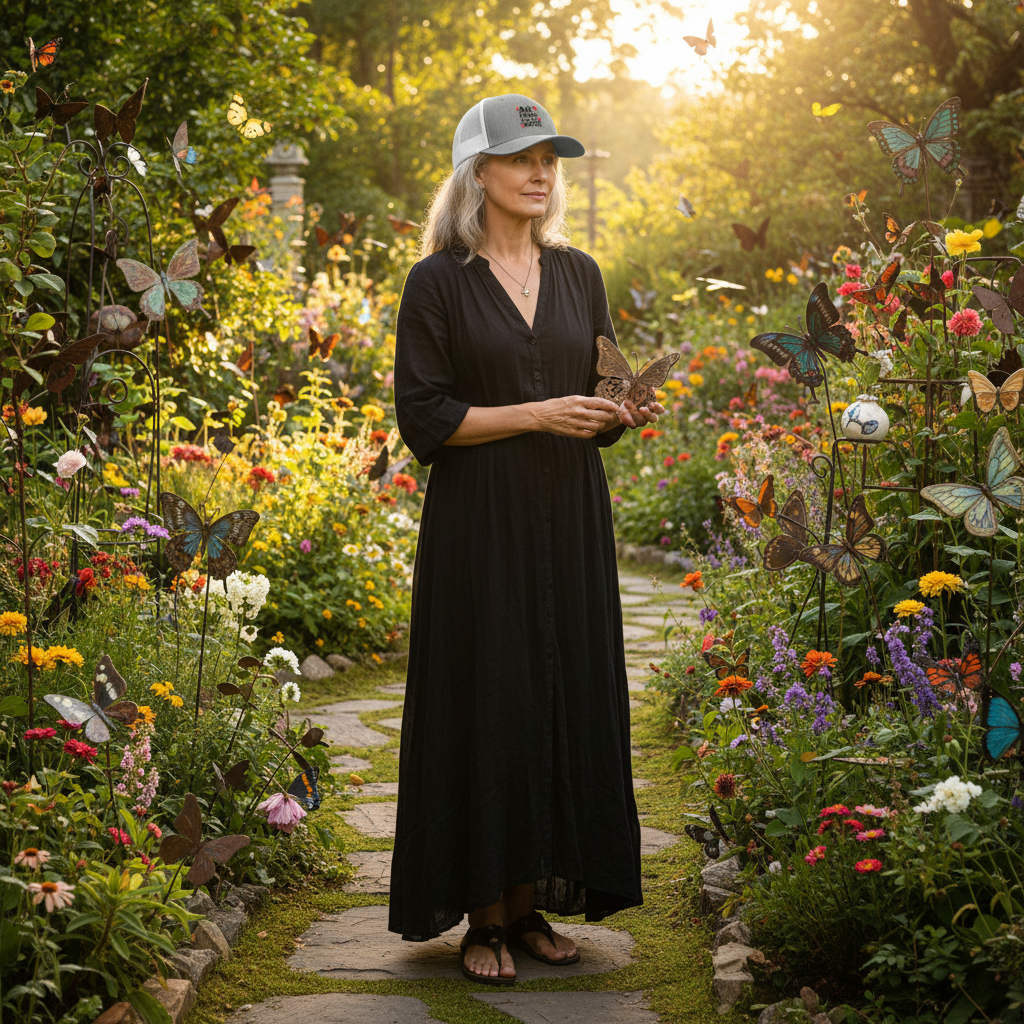 Artist wearing Art is Not for the Weak trucker cap in butterfly garden