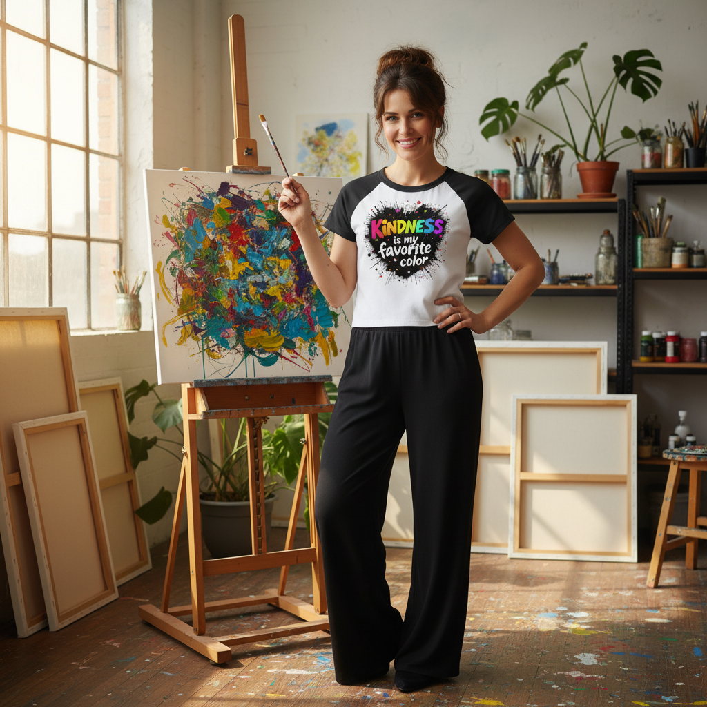 Artist wearing Kindness is My Favorite Color baby tee at easel