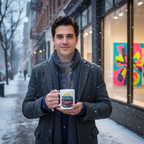 Artist with Mistakes Happen mug in snowy city
