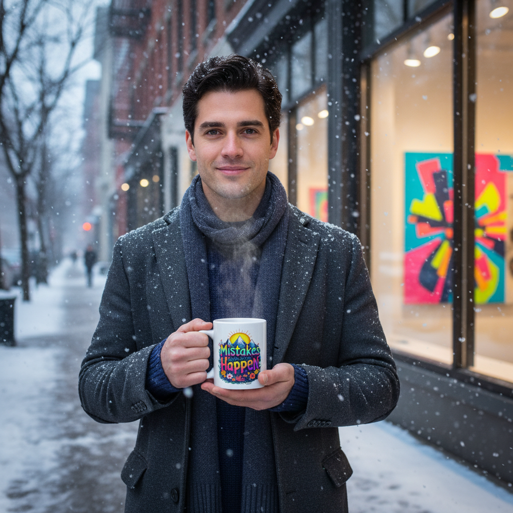 Artist with Mistakes Happen mug in snowy city