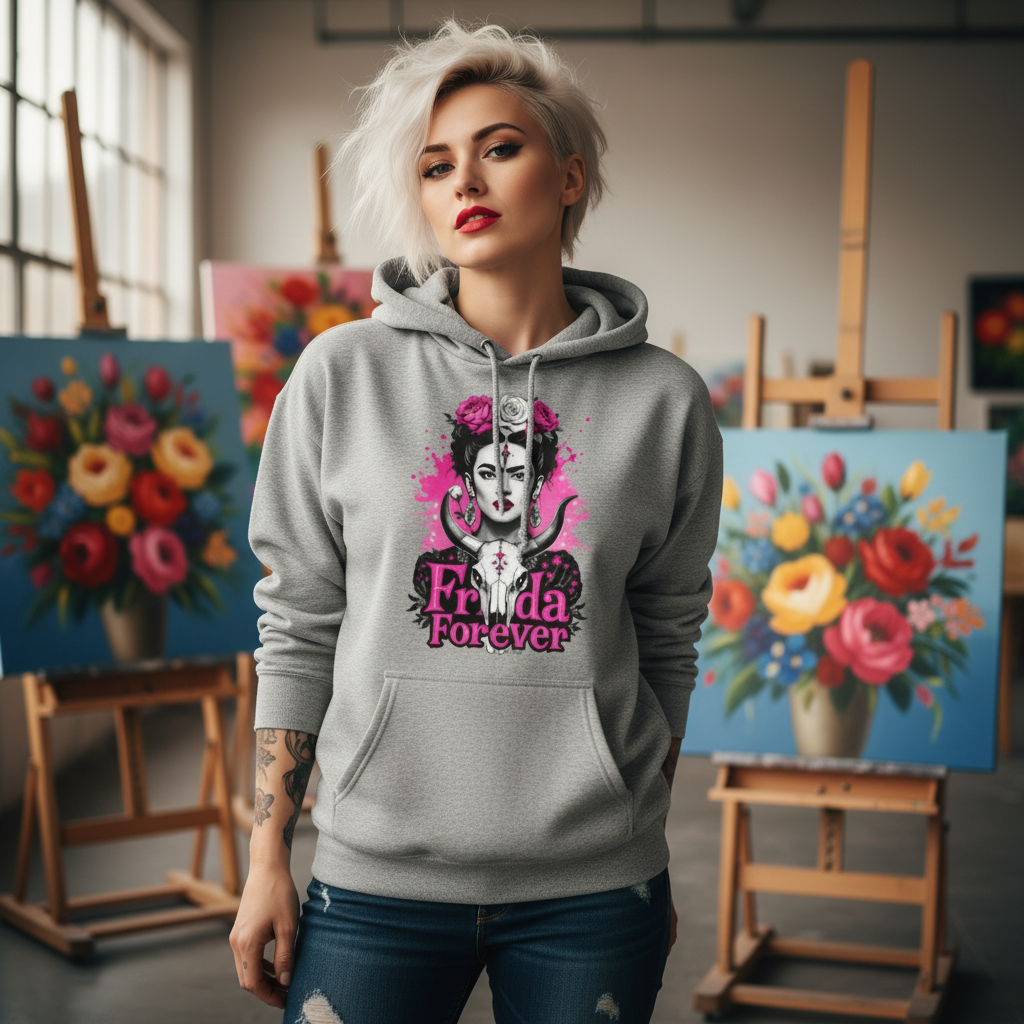 Artsy blonde punk woman wearing Frida Forever Carbon Grey hoodie