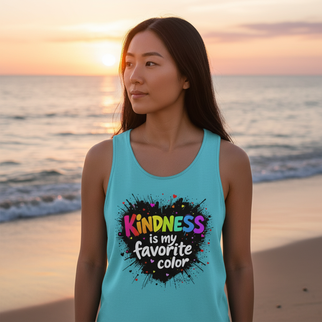 Asian woman in sapphire tank by ocean