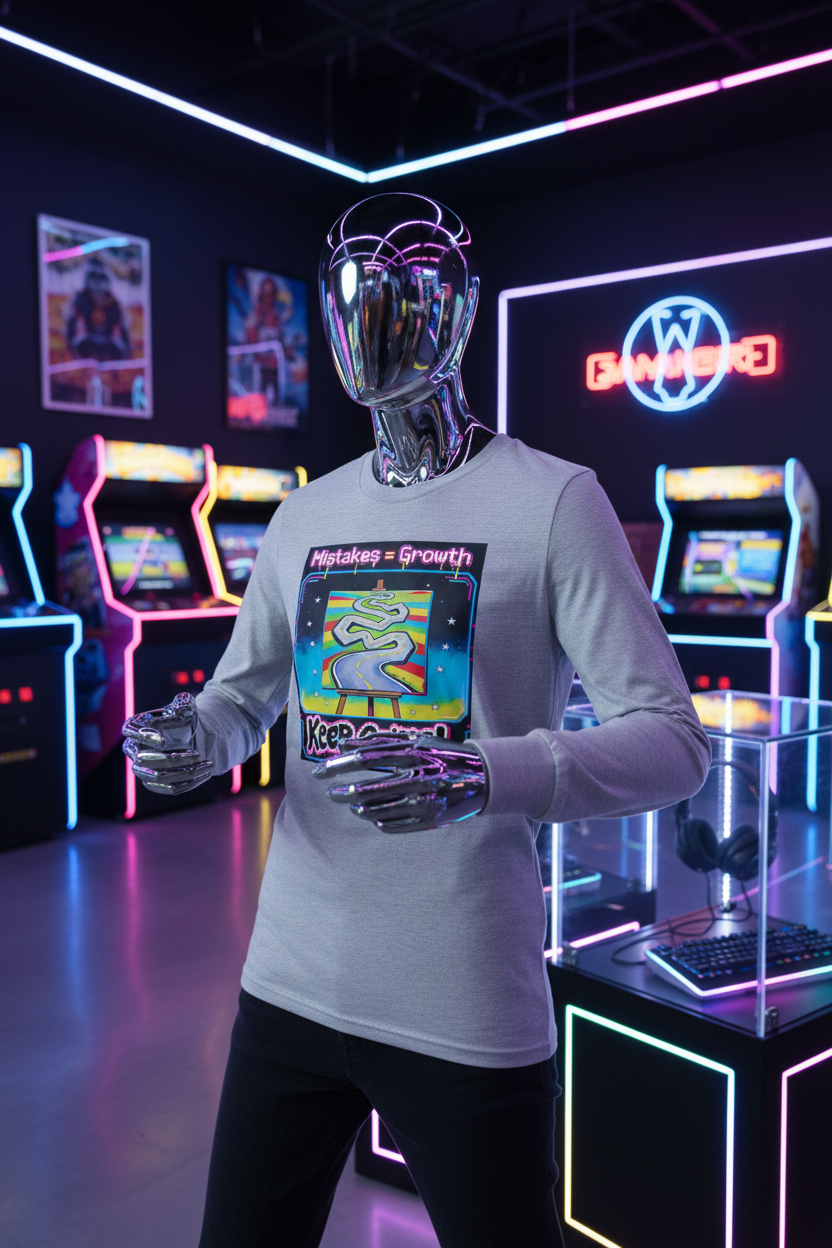 Athletic Heather Mistakes = Growth Youth Long Sleeve Tee on retail mannequin in gaming store