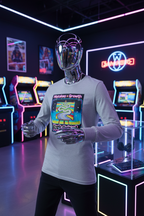 Athletic Heather Mistakes = Growth Youth Long Sleeve Tee on retail mannequin in gaming store