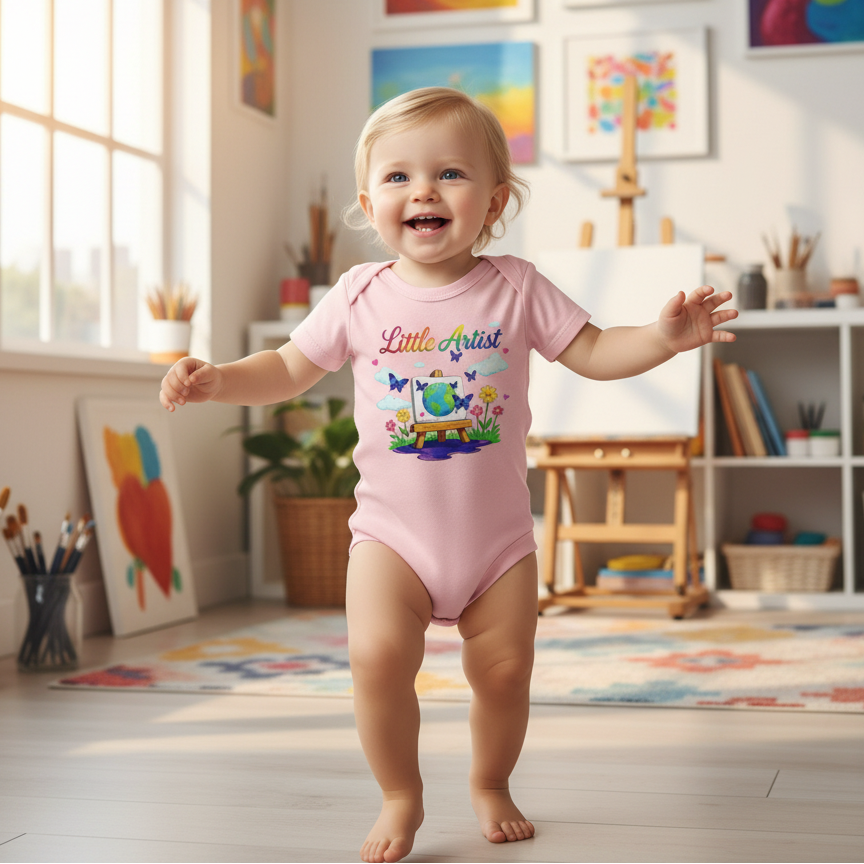 Baby in Pink Little Artist Onesie in Art Studio