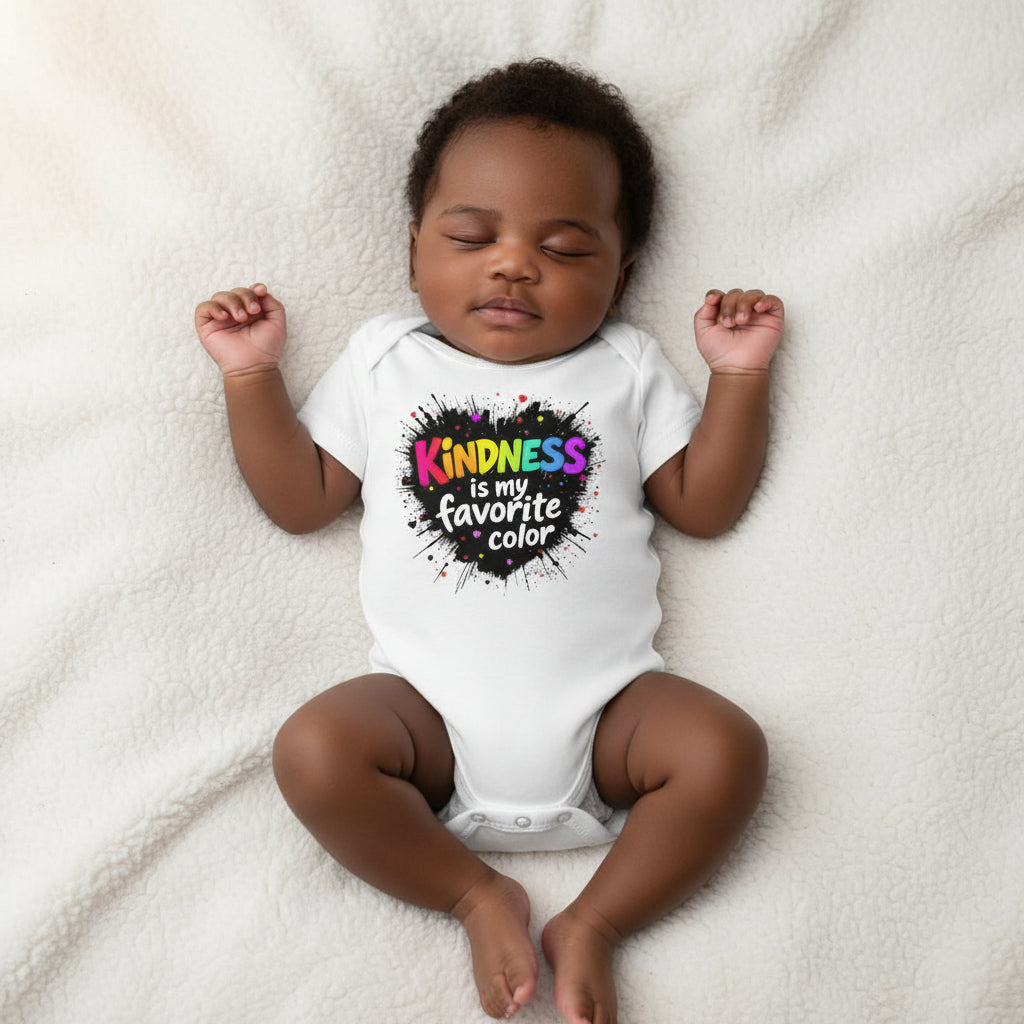 An infant sleeps wearing a onesie that says Kindness is My Favorite Color
