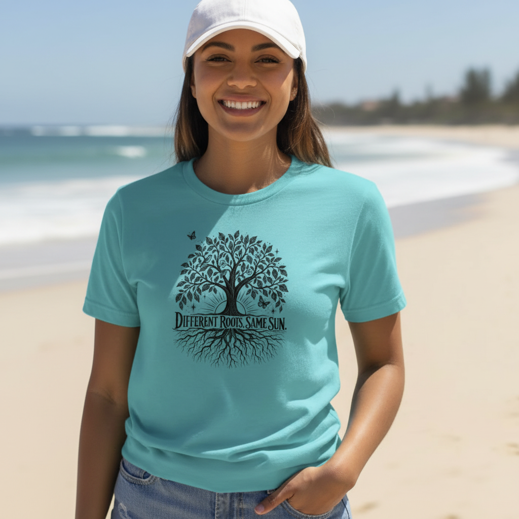 Beach lifestyle photo of woman in turquoise Different Roots, Same Sun t-shirt and jeans smiling