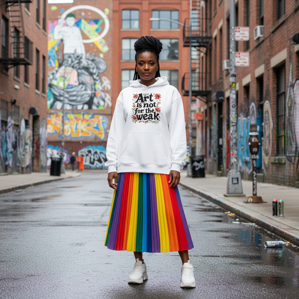 Black female artist in city wearing White hoodie and rainbow skirt