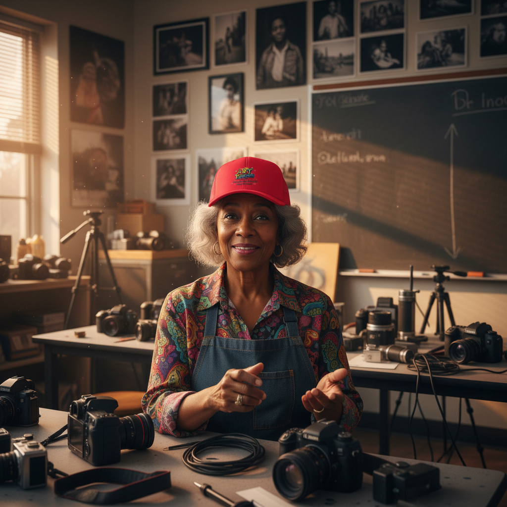 Black woman photography teacher wearing Red trucker hat