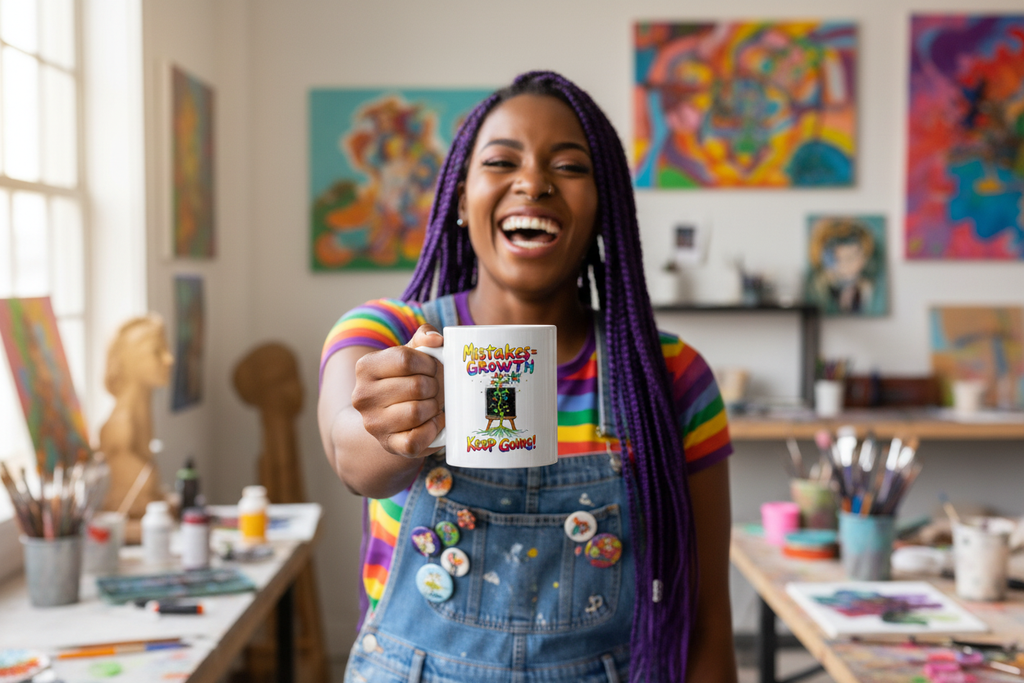 Black woman with purple braids holding Mistakes = Growth mug as statement in art studio