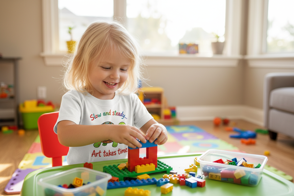 Blonde girl in turtle tee building Lego house