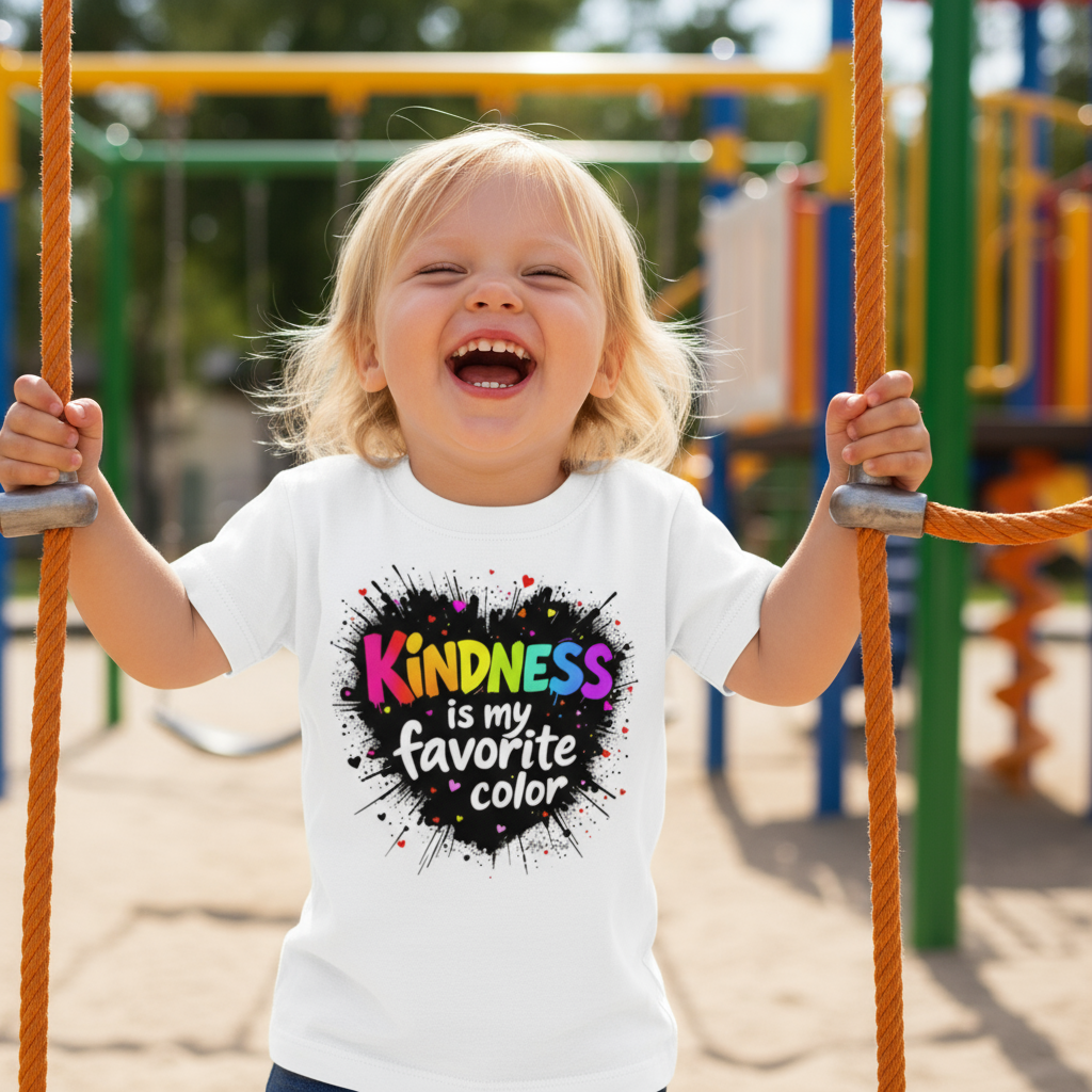 Blonde girl laughing at playground wearing white Kindness t-shirt