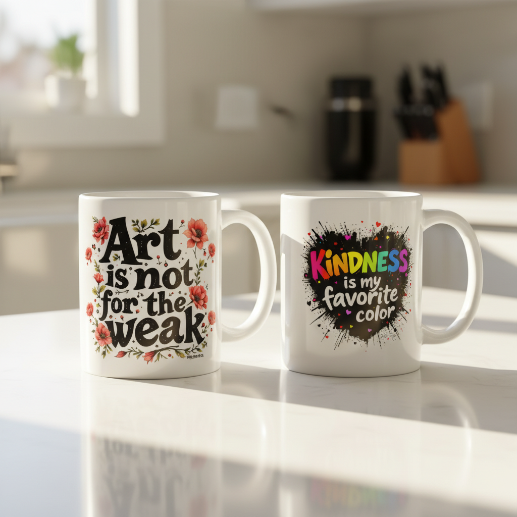 Both mugs side by side on sunny kitchen counter