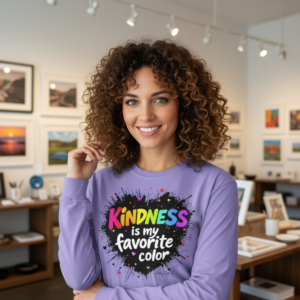 Brown-haired woman in violet Kindness tee in art store