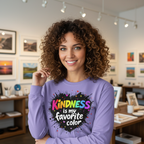 Brown-haired woman in violet Kindness tee in art store