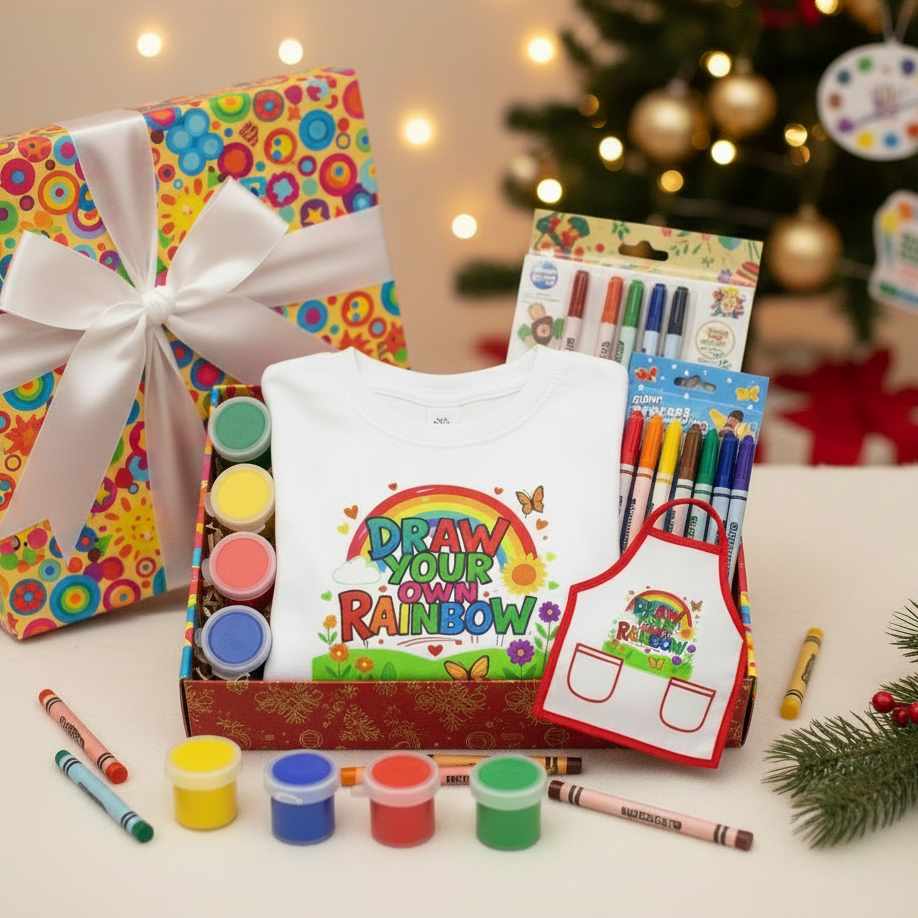 Christmas art-themed baby gift box with Draw Your Own Rainbow t-shirt and art supplies