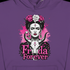 Close-up of Frida Forever design on purple hoodie
