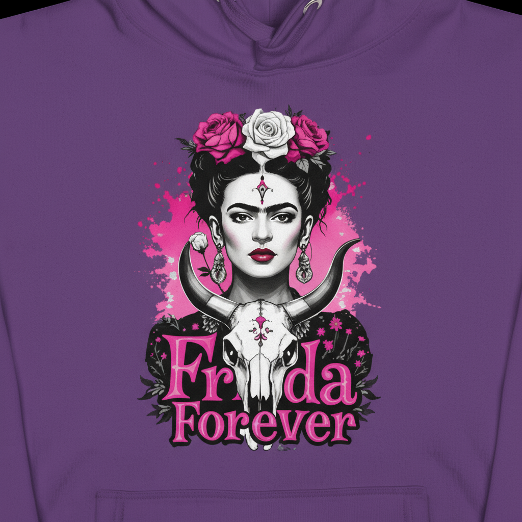 Close-up of Frida Forever design on purple hoodie
